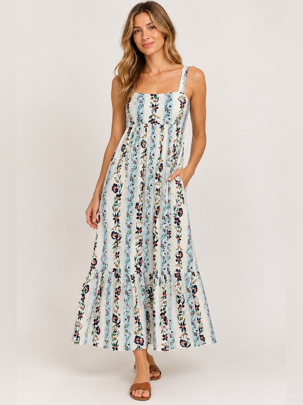 MABLE Floral Tiered Maxi Dress Blue Cream Size Small